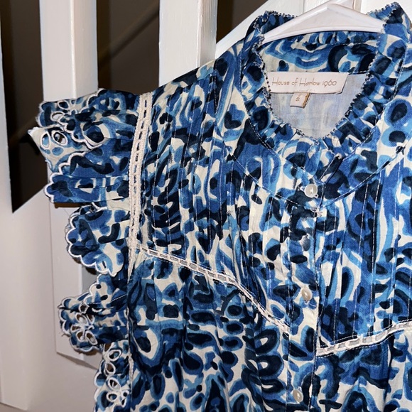 House of Harlow 1960 Blue Floral Eyelet Ruffle Dress Small Smocked Tiered A-Line - Picture 6 of 8